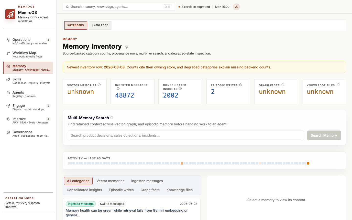 MemroOS Memory Inventory — source-backed counts and multi-tier search