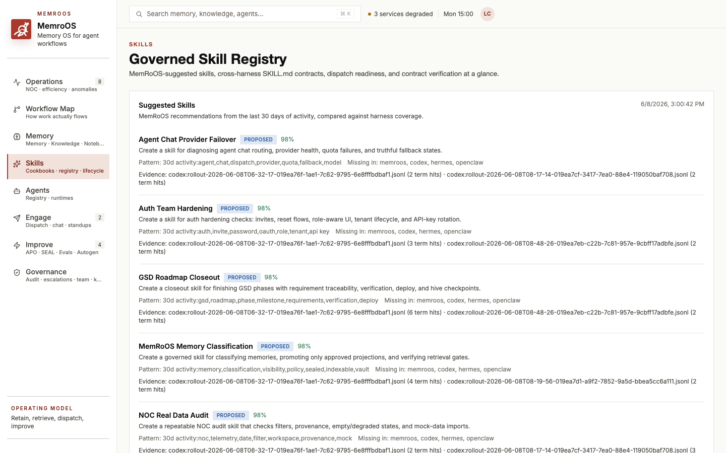 MemroOS Governed Skill Registry — suggested skills with evidence